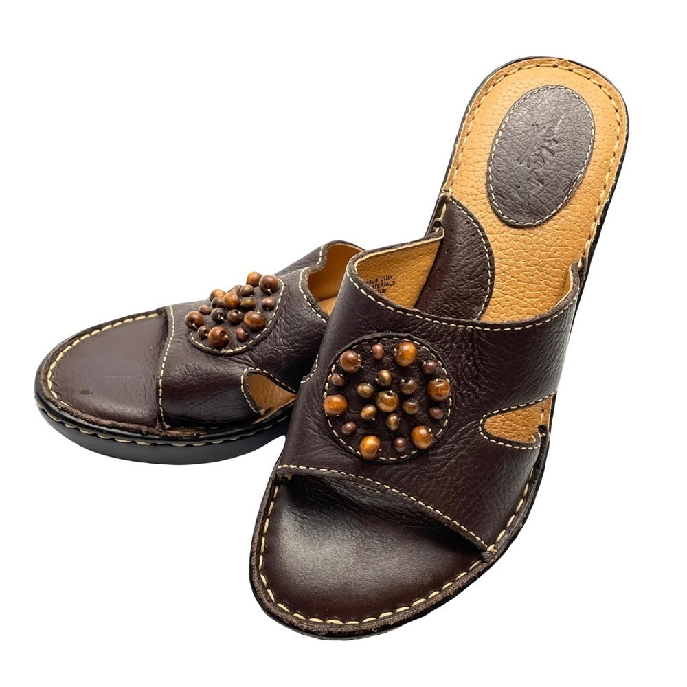 Brown’s Landing Leather Slip On Heel Sandals Beaded Bohemian Style